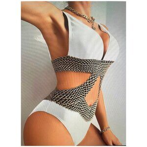 NWT Swim Summer Beach Color Block Panel Hollow Out One Piece Swimsuit SZ MEDIUM